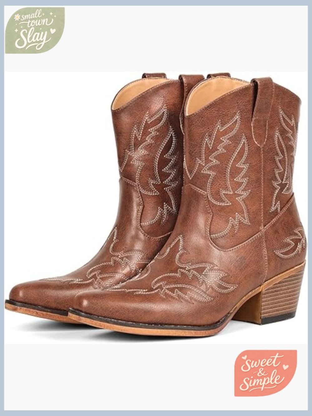Women Western Pointed Toe Ankle Booties Chunky Heel Cowgirl Boots Pull On